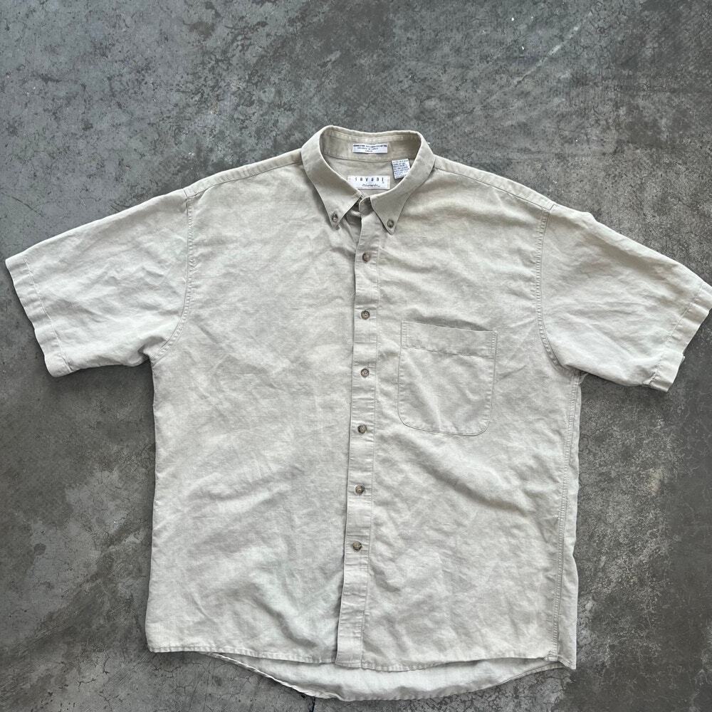 Savane Elements Linen Blend Shirt Mens Large Tan Short Sleeve Button Down Turkey